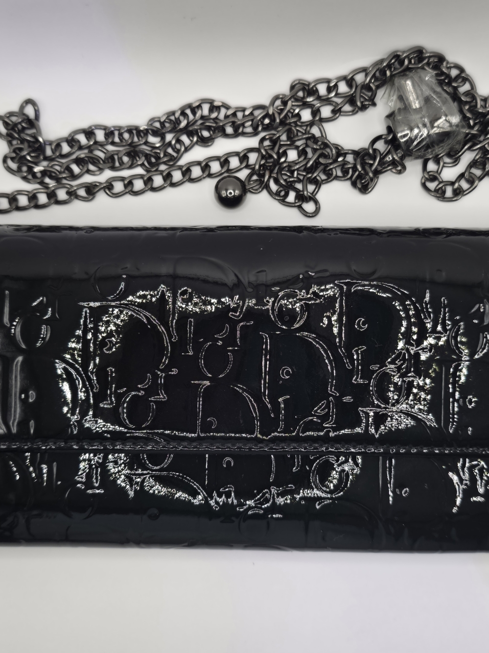 Dior Black Patent Embossed Logo Chain Clutch Wallet